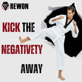White Rewon Taekwondo uniform with model kicking, promoting boxing, fitness, and MMA apparel for men and women.